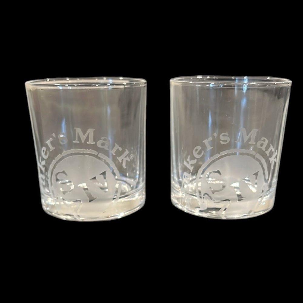 Maker's Mark S IV Etched Engraved Clear Bourbon Glass Set of Two